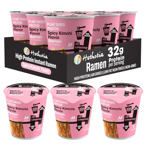 Hethstia Protein Ramen, Spicy Kimchi Flavor, 6-Pack Instant Healthy Noodle Soup Cups, 32g Plant Protein, Vegan Pre-Packaged Ramen Meal, Low Fat, Non-G