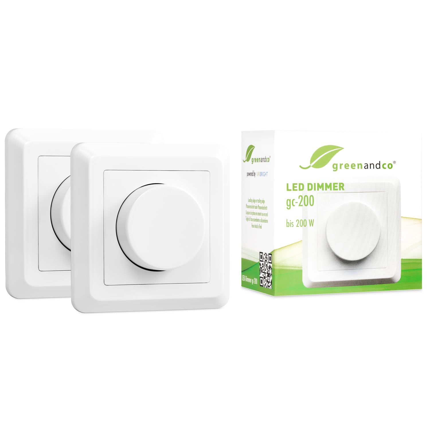2 Stück greenandco gc-200 | Unterputz LED und Halogen Dimmer | 1-200 Watt | auch für herkömmliche Leuchtmittel | für Wechselschaltungen geeignet | weiß