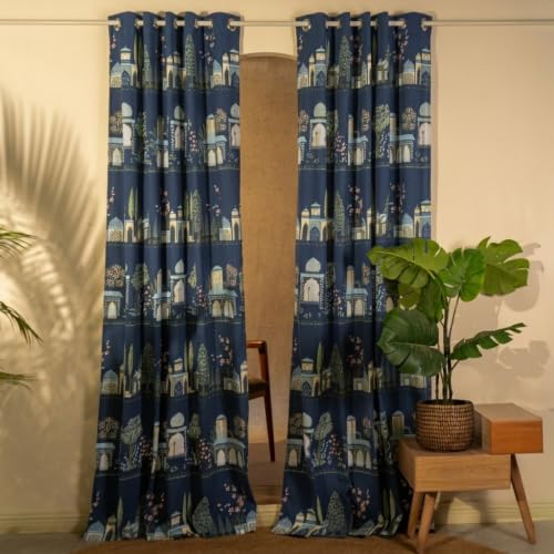 Image of Tranquebar Curtain Co. 152 cm (5 Feet), Blue Print, Set of 2, 100% Cotton Fabric,Eyelets, Agra- Window Curtains 5 Feet