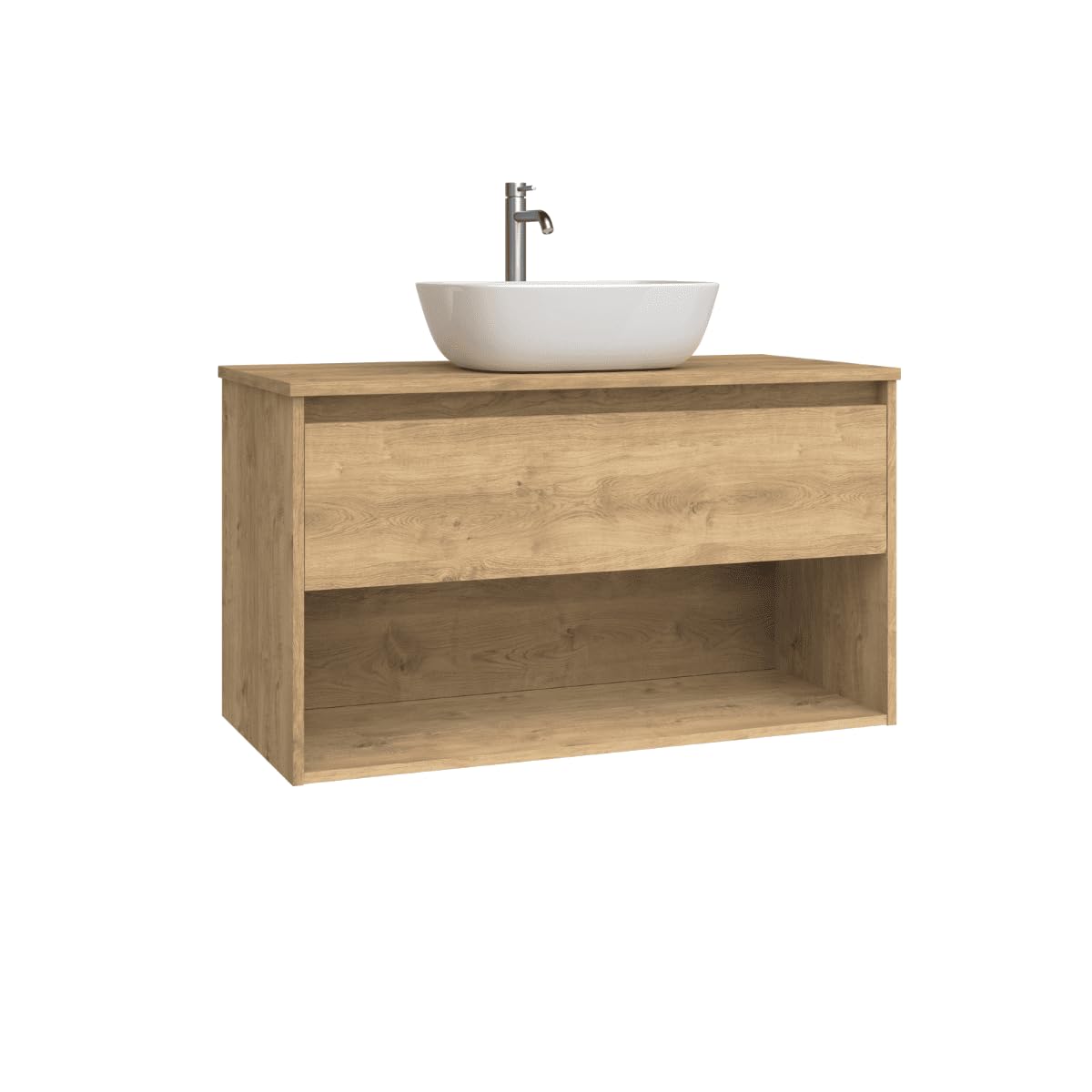 Mueble de Baño Suspendido con Lavabo Sobreponer Cerámico| Mueble Volado 1 Cajón y 1 Hueco | 60 cm Roble Natural