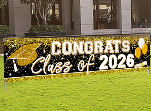 Large Congrats Grad Banner Gold Class of 2026 Banner Backdrop Graduation 2026 Yard Sign for Graduation Party Supplies Graduation Decorations 2026 (Gold)