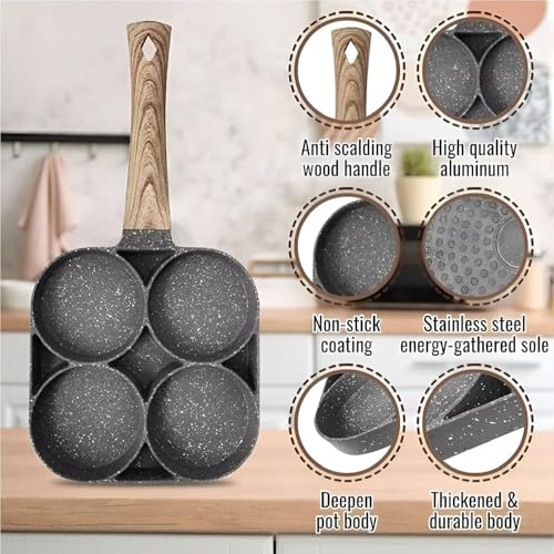 Image of Niyam 4-Hole Non-Stick Egg Frying Pan with Detachable Wooden Handle - Multi-Purpose Pan for Omelets, Burgers, Poached Eggs, Pancakes, Crepes Breakfast cookware in The Kitchen (Black B, 17cm)