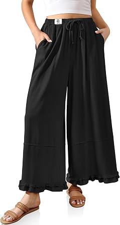 TARSE Womens Linen Palazzo Pants Ruffle Wide Leg Cropped Flowy Drawstring Casual Loose Summer Beach with Pockets