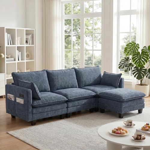 Image of 110.4 inch L Shaped Modular Sectional Sofa, Comfy Upholstery Chenille Cloud Couch with USB, Modern 4-Seat Deep Seat Sofa with Ottoman for Living Room, Apartment, Navy Blue