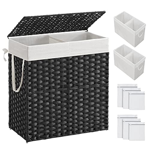 SONGMICS Laundry Hamper with Lid, 110L Clothes Hamper with 2 Removable Liner Bags, 6 Mesh Bags, Wicker Laundry Basket, Double Laundry Hamper for Laundry Room, 13 x 22.4 x 23.6 Inches Black U