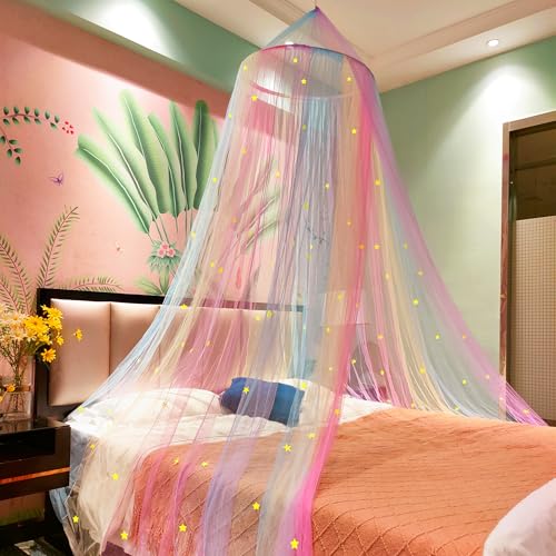Image of Rainbow Bed Canopy Mosquito Net, Princess Bed Canopy for Girls Room Decor or Unicorn Theme Party(Rainbow,with Stars Glow in the Dark)