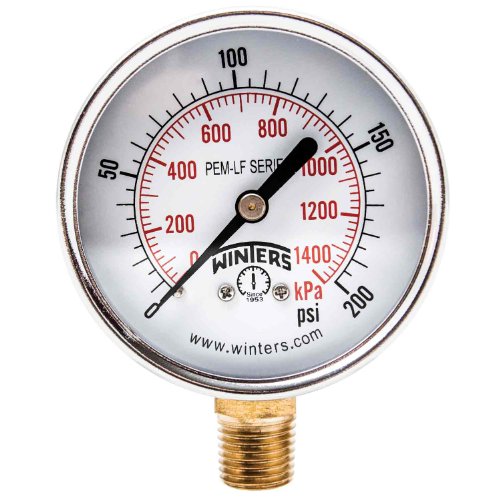 Winters PEM216LF PEM-LF Series Pressure Gauge, 2.5" Dial size, 1/4" NPT, 0/200 psi/kpa, 3-2-3% accuracy