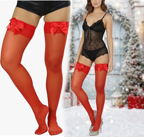 Image of ToBeInStyle Women's Opaque Long Thigh High Stockings w /Decorative Front Satin Bow
