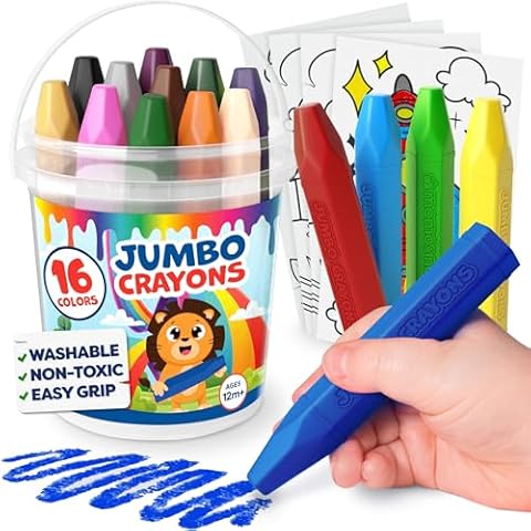 Jumbo Crayons For Toddlers 1-3 - 16pc Toddler Crayons For Kids Ages 4-8 1-3 2-4 - Large Crayons For Toddlers 1-3 With Printed & PDF Crayon Color Sheets - Non Toxic Washable Crayons - Toddler Coloring Cover