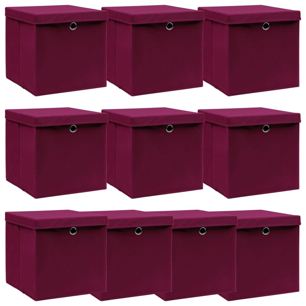 Scatole portaoggetti con coperchio, rosso scuro, in tessuto non tessuto, 32 x 32 x 32 cm, 10 pezzi, pieghevoli, impilabili, salvaspazio, per armadi, scaffali, ufficio