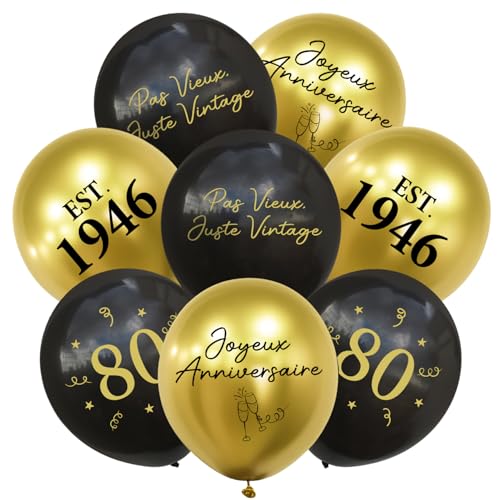 Ballon Décoration Anniversaire 80 Ans, Kit 24pcs Ballons Noir et Or, Joyeux Anniversaire Déco pour Fête D'anniversaire 80 Ans Homme Femme 1946, Happy Birthday Deco