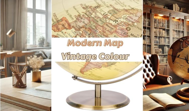 Vintage 15cm Terracing Globe with Bronze Metal Base - Rotating English Map - Decorative Globe Small for Desk, Office, Library or Educational Gift