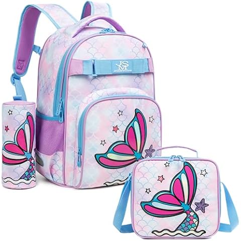 Egchescebo Kids Mermaids Backpack for Girls 17" 3PCS School Bag Toddler Travel Teen Kids' Suitcase Childrens Luggage Backpacks Girl Birthday Gifts Bags Preschool Lunch Bag Stuff Large Bookbag Pink Cover