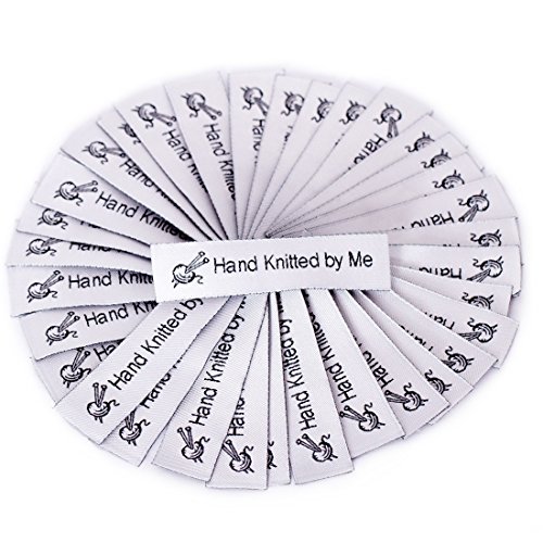 Wunderlabel Hand Knitted by Me Crafting Craft Art Fashion Woven Ribbon Ribbons Tag for Clothing Sewing Sew on Clothes Garment Fabric Material Embroidered Label Labels Tags, Black on White, 25 Labels
