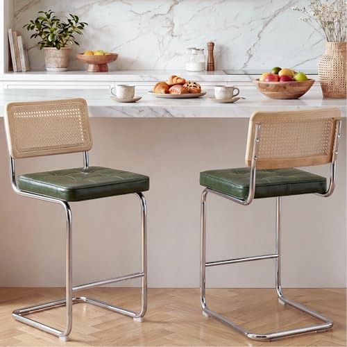 Image of Zesthouse Natural Rattan Bar Stools Set of 2, Modern Counter Height Stools with Solid Wood Back, 26'' Counter Height Chairs, Mid Century Cantilevered Bar Chairs for Kitchen Island, Faux Leather Green