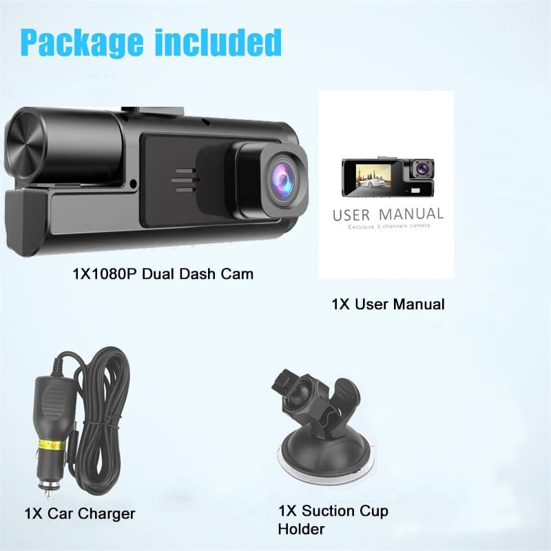 1080P Dual Dash Camera for Car Front and Inside Dashcam Car Security Video Recorder,170°Wide Angle Vehicle Cam,WDR,G-Sensor,2’’ IPS Screen,Loop Recording,Night Vision (Dual Dash Cam Without Card)