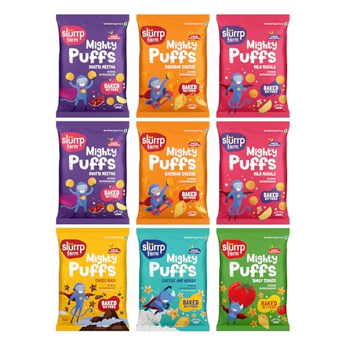 Image of Slurrp Farm Mighty Jowar Puffs | Khatta Meetha, Mild Masala, Cheddar Cheese, Tangy Tomato, Choco Ragi, Cheese & Herbs | Not Fried, No Maida | Healthy Snack for Kids and Travel Friendly | 9 x 20g