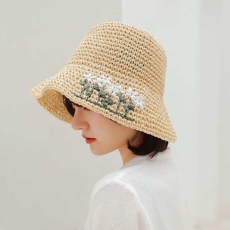 Linda Flor Sombreros for el Sol niña Paja ala Ancha Cubo Sombrero Gorras Verano Mujer Gorra de Playa(3-Pack)