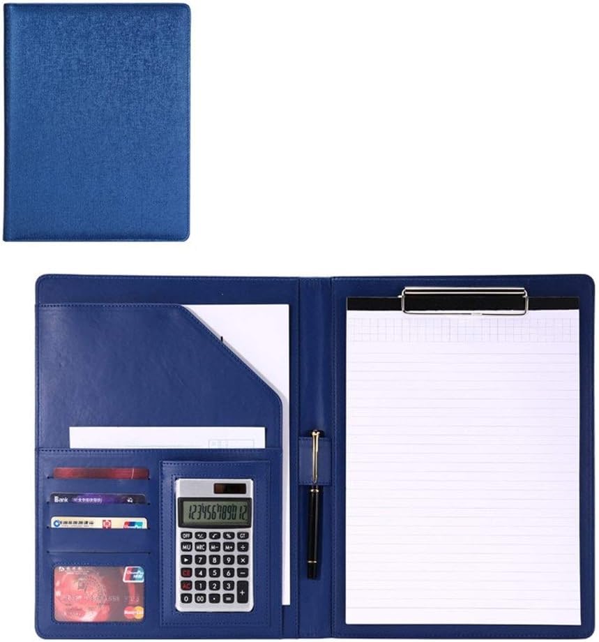Zdejmujący się Ring Binder i Notepad, Skórzana teczka konferencyjna z kalkulatorem i organizerem na dokumenty, uchwyt długopis, 325 x 250 mm, wielokolorowa(Blue)