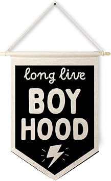 Qpenm Long Live Boyhood Wall Hanging Canvas Banner, Boys Room Decor, Modern Black and White Lightning Nursery Hanging Pennant Flag Posters Prints for Toddler Baby Little Boy Kids Room Playroom Decor