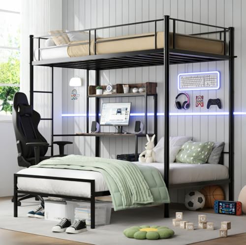Bellemave Twin Over Twin bunk Bed with Desk, loft Bed with Desk and Shelves, Twin Over Twin Metal Bunk Beds with Charging Station, Black