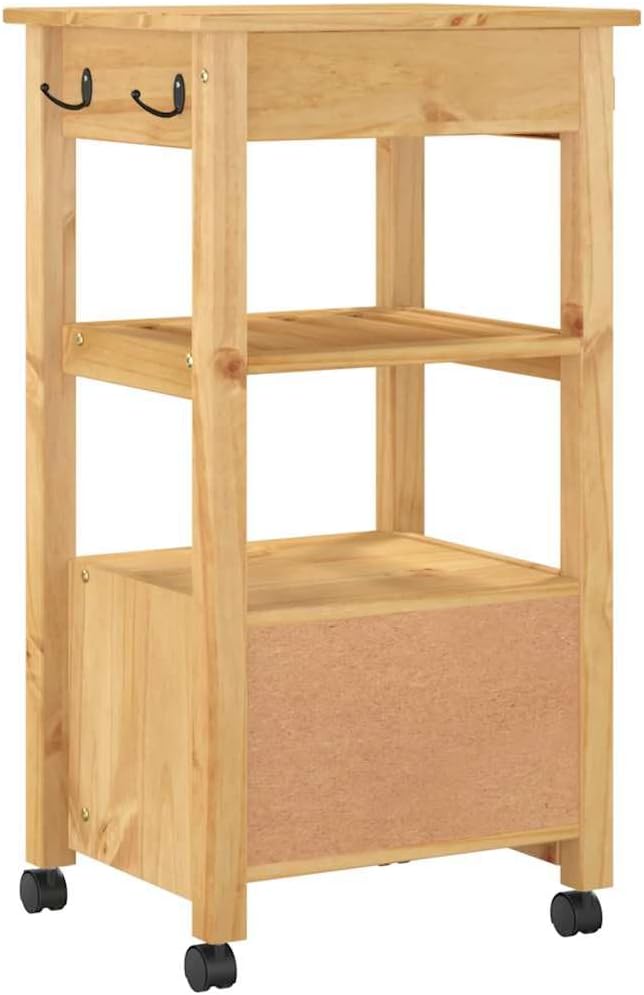 vidaXL Solid Pine Wood Kitchen Trolley - Rolling Cart with Drawers, Shelves, Hooks, Brown Honey Wax Finish, 18.9x15.7x35.4 in, Versatile Use