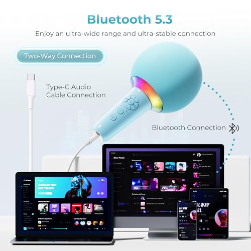 Wireless Bluetooth Karaoke Microphone for Kids, Portable Handheld Karaoke Mic Speaker Toys with LED Light, Best Christmas Birthday Festival Party Gift for 3 4 5 6 7 8 9+ Year Old Girls Boys (Blue) — view 6