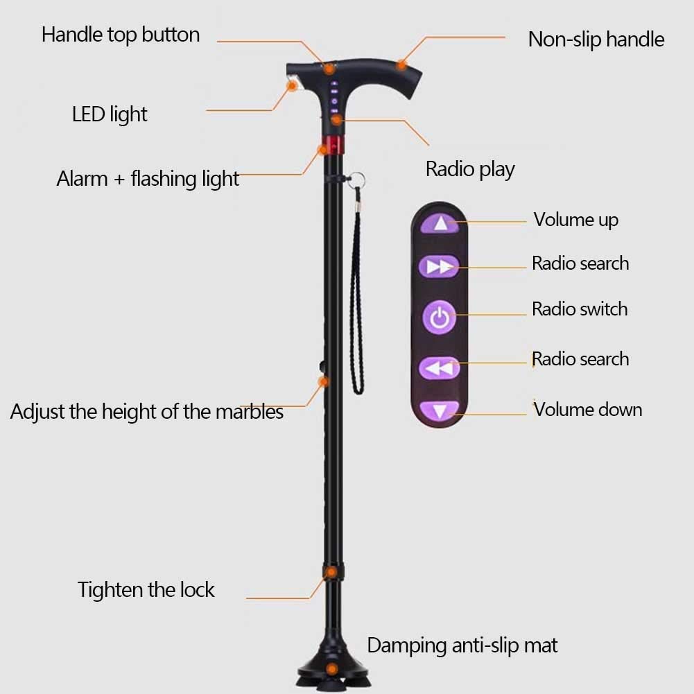 Bastón para Caminar con Mango ergonómico, reproducción de Radio, Alarma, función de luz LED, Hombres y Mujeres viajan con Confianza con Este bastón Ajustable, muletas