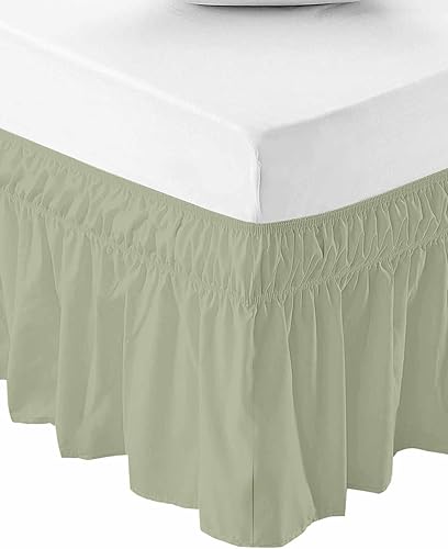 Falda de cama verde salvia, tamaño Queen de 16 pulgadas de caída, ajustable y elástica envolvente, plisada, con volantes de polvo de lujo para cama