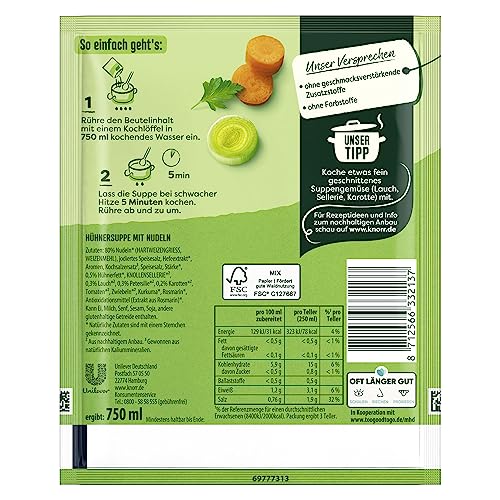 Knorr Suppenliebe Hühnersuppe für eine leckere Nudelsuppe mit vielen Nudeln ohne geschmacksverstärkende Zusatzstoffe und Farbstoffe 15 x 3 Teller
