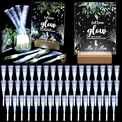 Image of VIHOSE 52 Pcs Wedding Party Favors White Fiber Optic Wands with Acrylic Wedding Table Sign Wooden Illuminated Base LED Fiber Glow Stick Light up Wands for Reception Bridal Shower Party Favors Decor