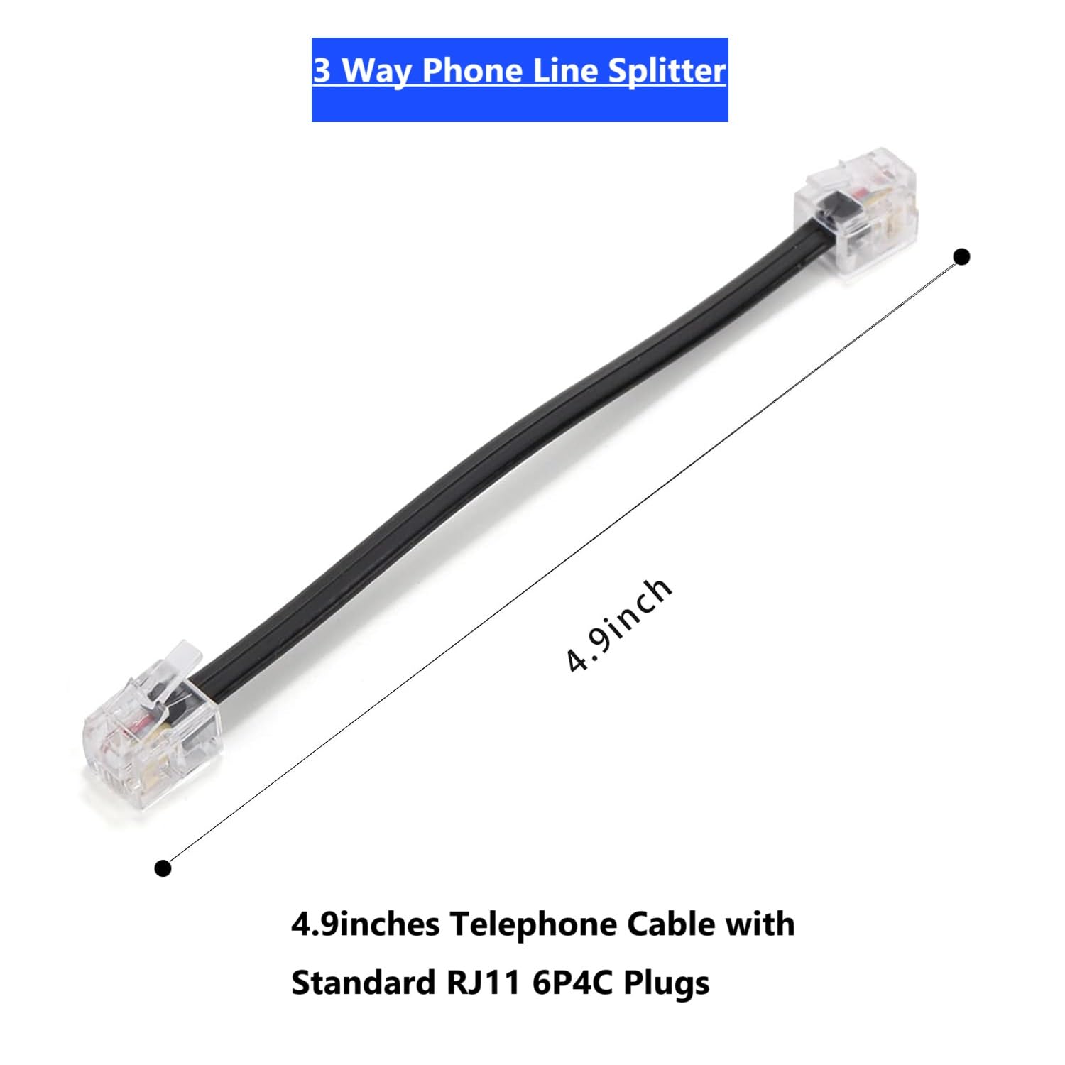 Cavo RJ11 a 3 vie, splitter telefonico a 3 vie, nero, splitter 6P4C, adattatore per linea telefonica con cavo per cavo telefonico fisso, adatto per telefono, fax