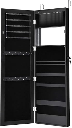 Miniatura 9 de Giantex Armario de joyería de 15 LED para colgar en la pared armario de joyería con cerradura con espejo de cuerpo completo bandeja de maquillaje