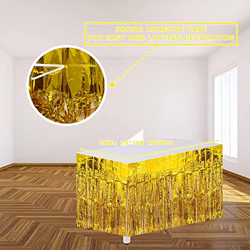 2 Packs Gold Metallic Foil Fringe Tinsel Table Skirts For Rectangle Tables Streamer Curtains Backdrop For Birthday Wedding Christmas Graduation Baby Shower Halloween Party Decoration -29X108 Inch #TOP3