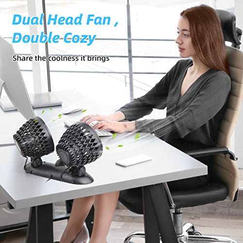 Anloder Usb Fan For Car, Car Fan With Variable Speed, Small Desk Dual Head Fan, Rotation Strong Wind, Usb Personal Mini Fan For Dashboard Suv Rv Truck Sedan Home Office Desktop, Black Blue #TOP4