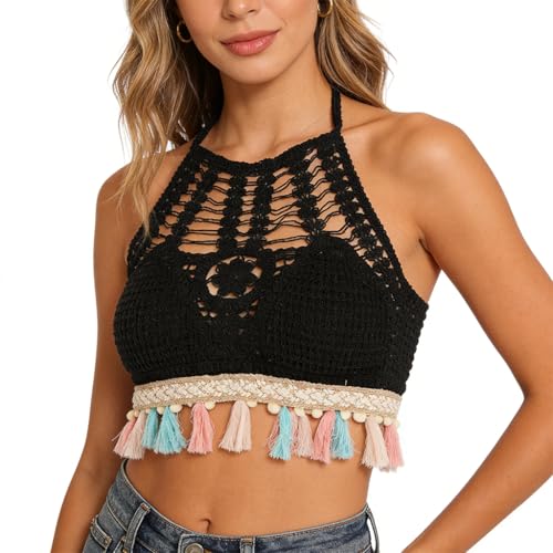 Image of PALAY Women's Summer Beach Backless Crochet Halter Bikini Crop Top Crochet Hollow Out Tassle Embroidery Knit Boho Beachwear