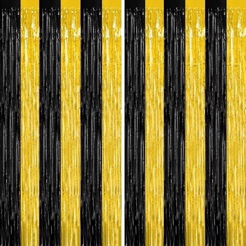Image of ZATAYE 2 Pack Black Gold New Years Eve Foil Curtain Streamer Decorations | Black Gold, Metallic Foil, 3.28 x 7.05 FT, Tinsel Backdrop, Foil Curtain Streamer, New Years Eve Party