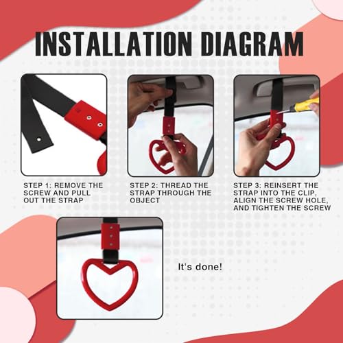 Image of 2PCS Heart Shaped Car Handle Straps, Rear Bumper Warning Keychain Ring Charm for Car Exterior Accessories (Red)