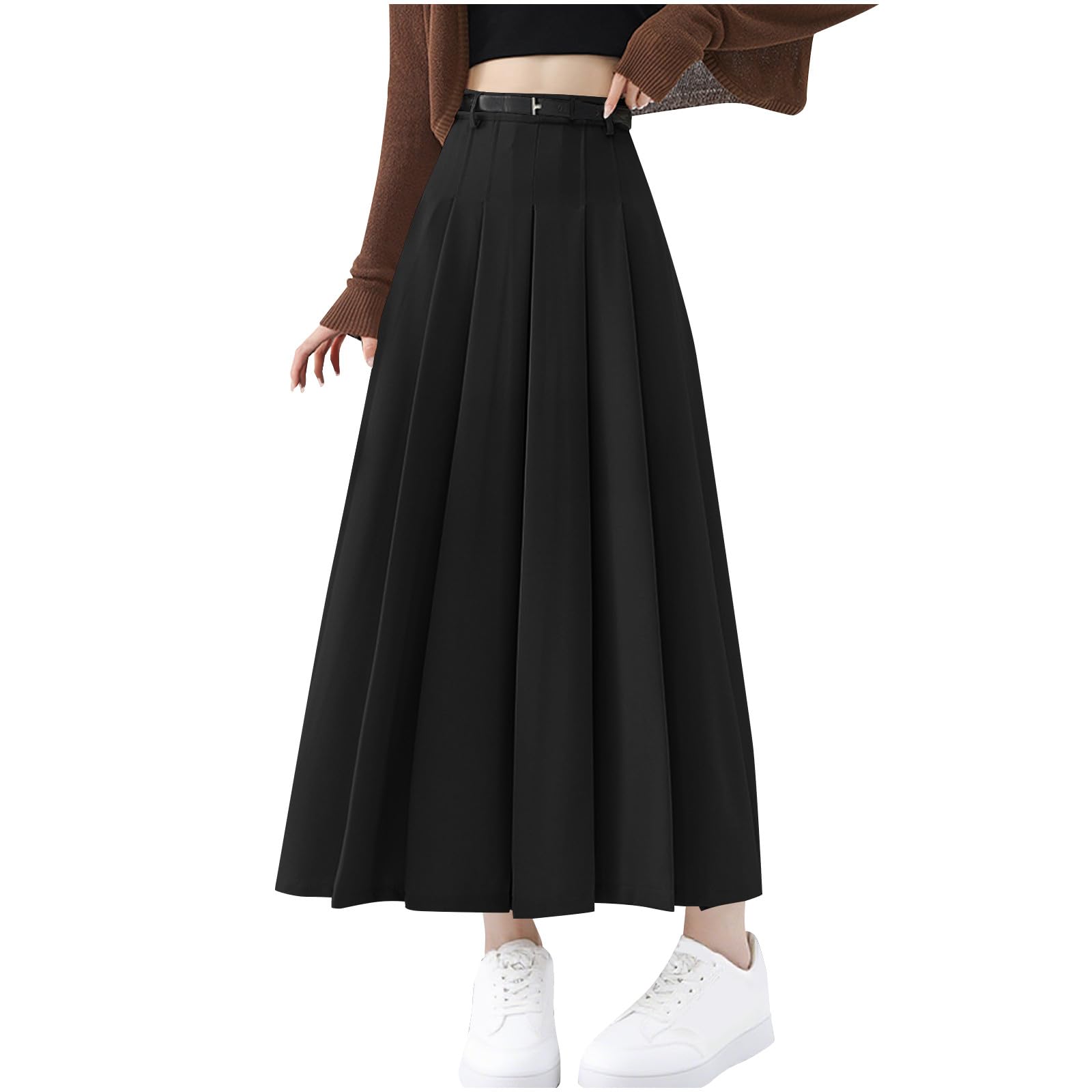 Women Pleated Maxi Skirt High Waist A-line Flowy Swing Belted Solid Formal Business Work Clothes Outfits