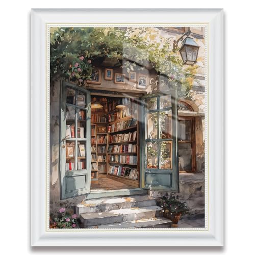 White Frame Cozy Bookshop Canvas Wall Art – Vintage Bookstore