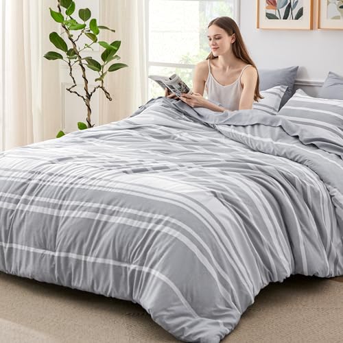 Bedsure Queen Comforter Set 7 Pieces, Grey Striped Bedding Set for All Seasons, Reversible, Cationic Dyeing Bed in a Bag with Comforter, Sheets, Pillowcases & Shams