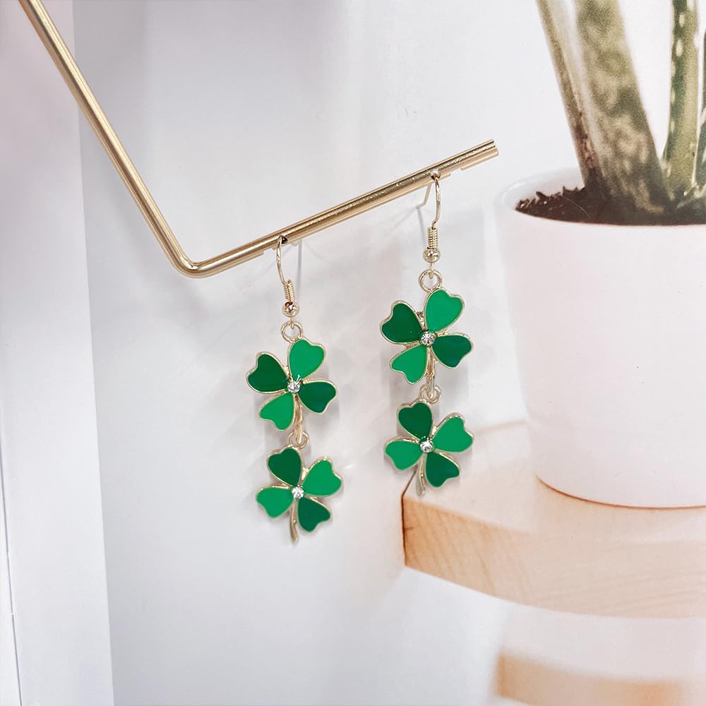 St Patrick’s Day Crystal Shamrock Dangle Drop Earrings for Women Gold-tone Green Enamel Four Leaf Clover Dangling Lightweight Fashion Jewelry for Festive Party - Image 2