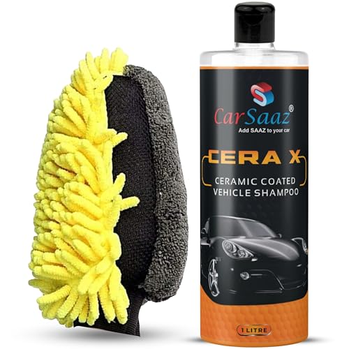 Image of CAR SAAZ Cera X Ceramic Bike & Car Wash Shampoo (1 Litre) with Waterproof Microfiber Mitt Glove | Car Shampoo for CERAMIC Coated Vehicles | pH Neutral, Highly Effective (1000 ml)