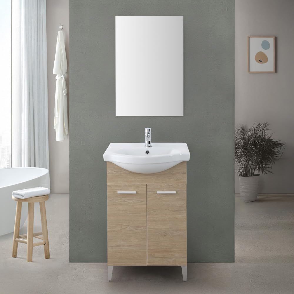 Composizione da Bagno 56x45 Moderna a Terra con Piedi Cromo Lucido - Completo di Specchio e Lavabo in Ceramica (Rovere Dolomite)