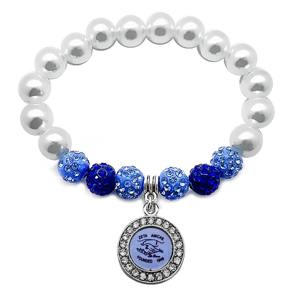 muiot Elegant Sorority Society Women's Jewelry ZETA AMICAE Letter Round Rhinestone Metal Pendant Imitation Pearl Bead Elastic Bracelet