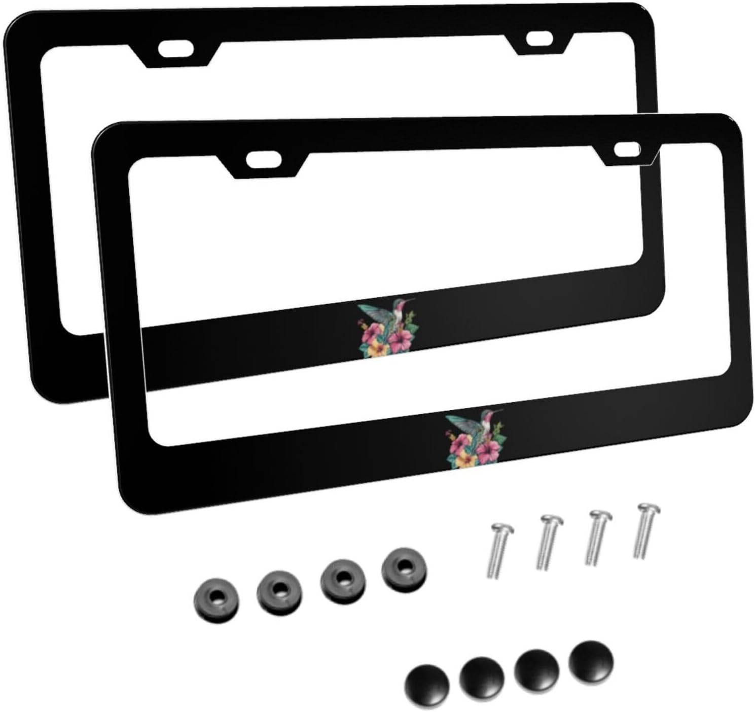 Hummingbird Bouquets Flowers Matte Aluminum License Plate Frame with Black Screw Caps，2pcs 2 Holes Black Licenses Plates Frames,Car Licenses Plate Covers Holders for Us Vehicles/Women/Men