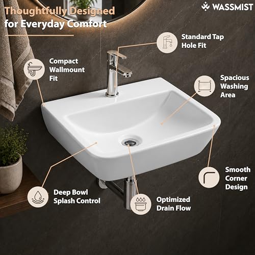 Image of WASSMIST Wash Basin | Wall Hung Wash Basin for Bathroom with 10 Year Glaze Warranty | Premium Ceramic Semi Oval Basin with Tap Hole (15.9 X 11.6 X 5 Inch)