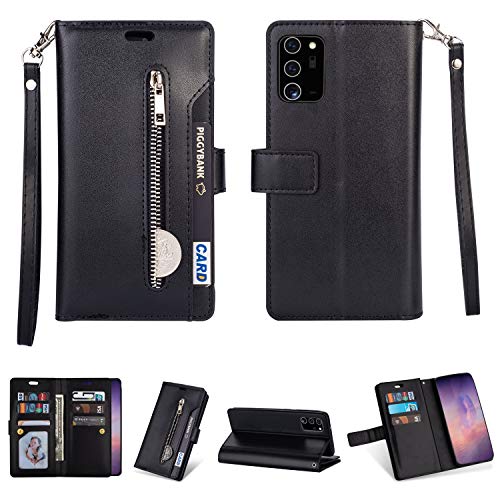 Artfeel Coque pour Samsung Galaxy A41,Portefeuille Fermeture éclair à Rabat Étui Noir avec 9 Fentes pour Cartes,Flip Folio Cuir Magnétique Support Pochette Housse avec Dragonne