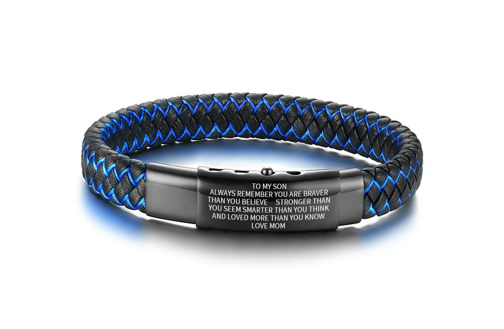 to My Son Inspirational Bracelet Gift from Mom Dad Always Remember You are Braver 2-Tone Braided Leather Bracelet for Teen Boy from Mother in Law Stepmom, Adjustable,to Son Gifts