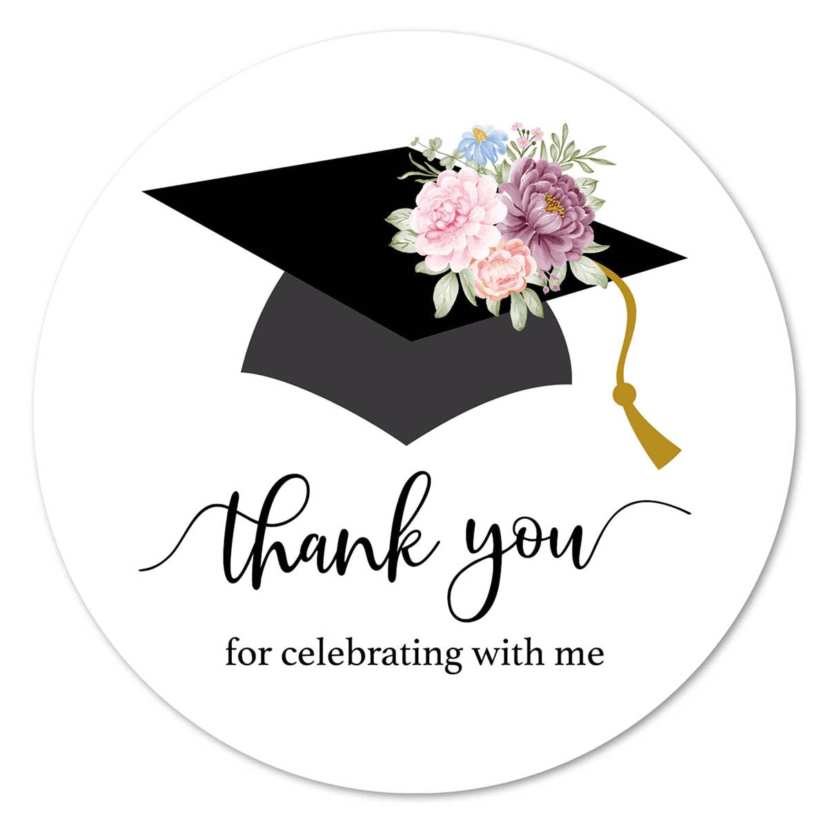 Black Floral Graduation Thank You Stickers, Congrats Grad Party Favor Sticker Labels 40-Pack 2in